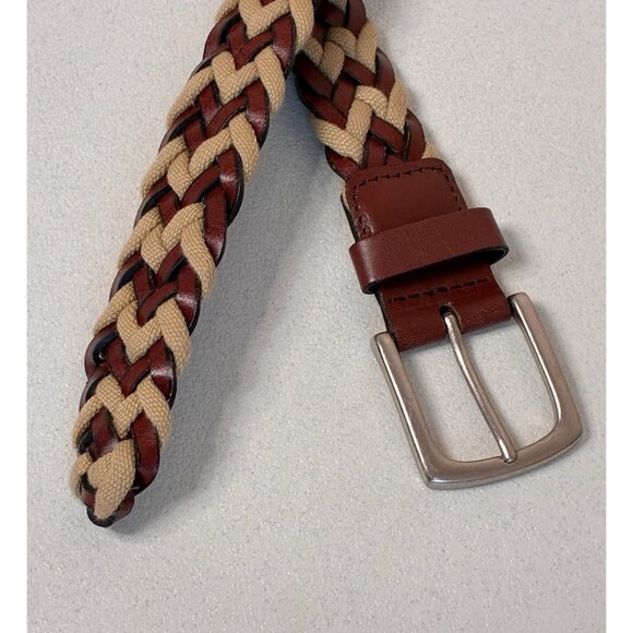 Unisex Braided Belt 38 Inches Brown Leather With Fabric Silvertone Buckle Casual - Picture 2 of 7